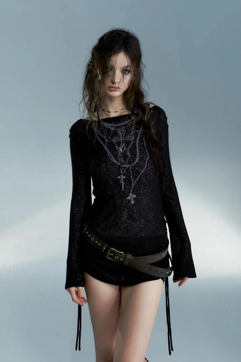 Grunge Cross Necklace Black Long Sleeve Crop Top - Image 5