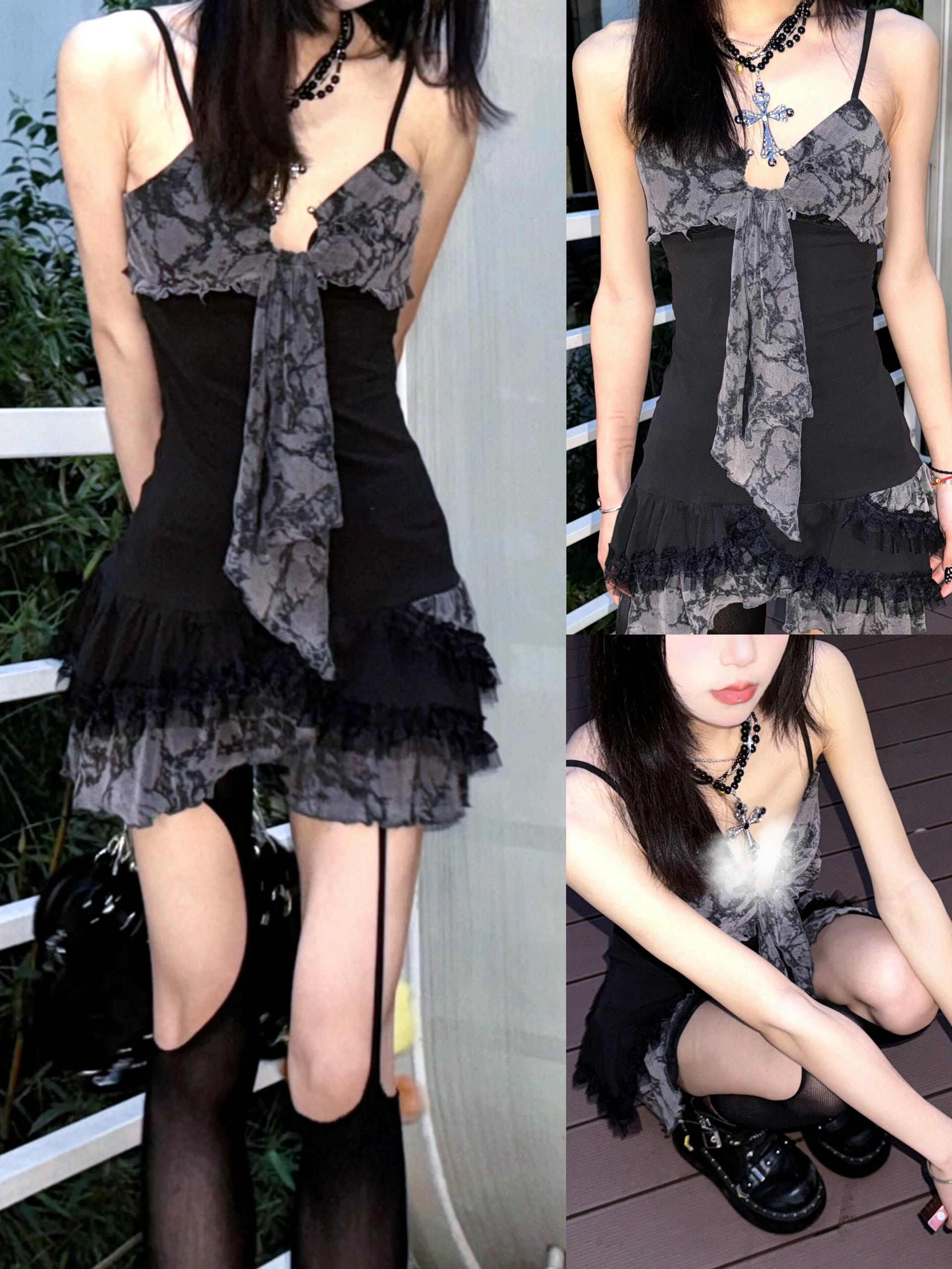Grunge Dark Lace Splicing Suspender Dress - Image 2