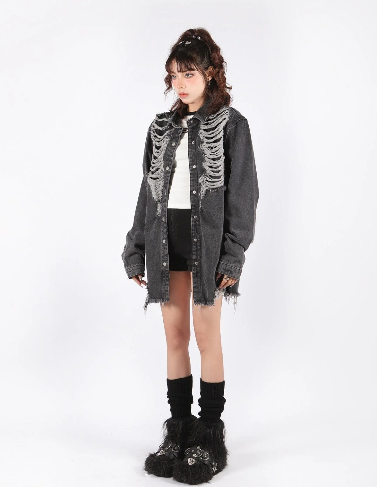 Grunge Distressed Long Denim Jacket - Image 3