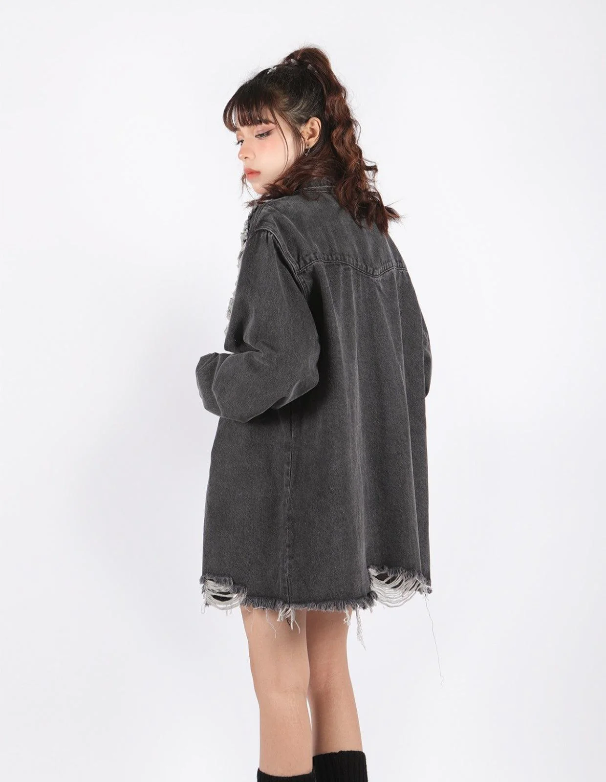 Grunge Distressed Long Denim Jacket - Image 4