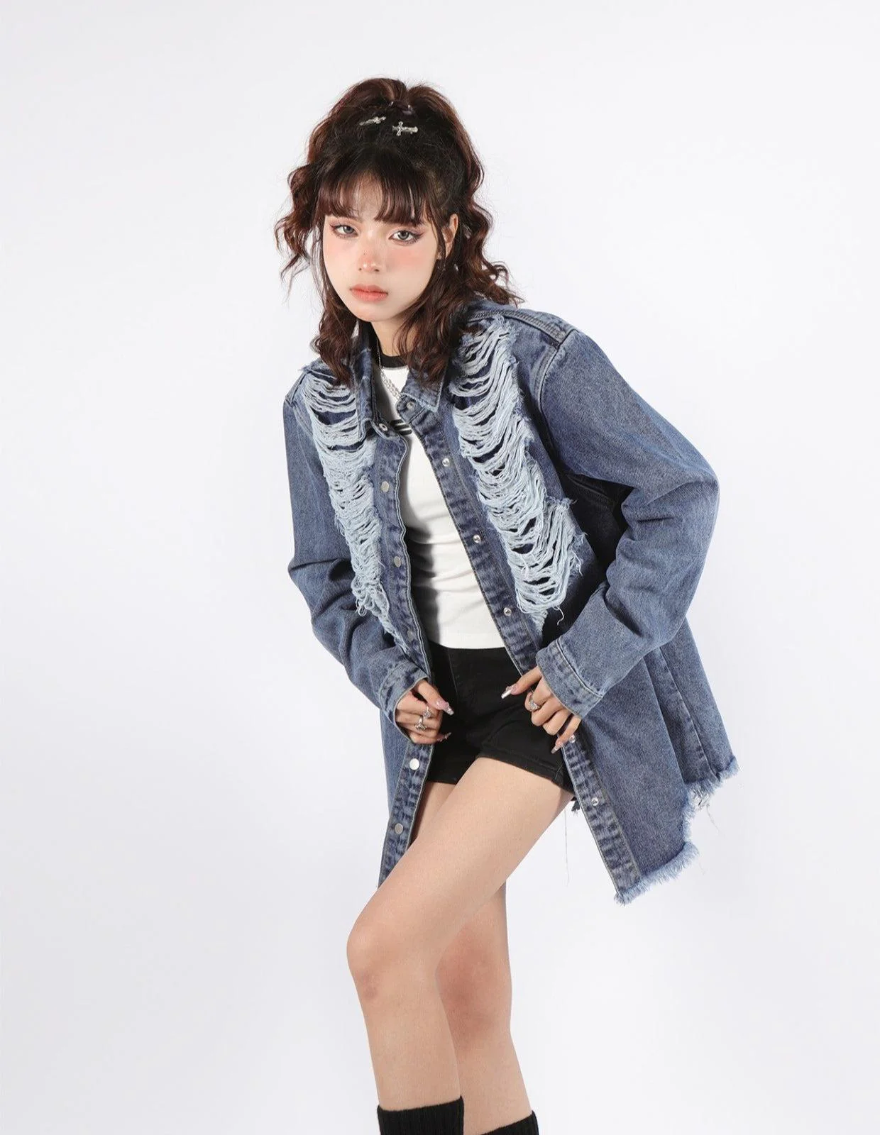 Grunge Distressed Long Denim Jacket - Image 6