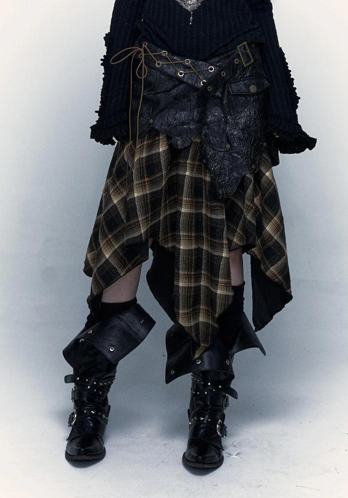 Grunge Faux Leather Plaid Midi Skirt - Image 3