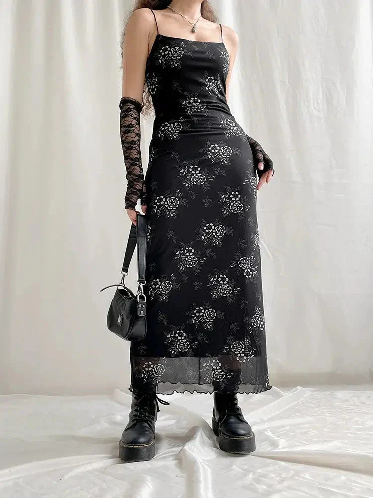 Grunge Floral Mesh Midi Dress - Image 3