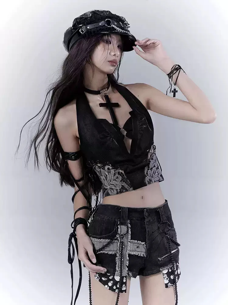 Grunge Lace Stitching Leather Tank Top - Image 3