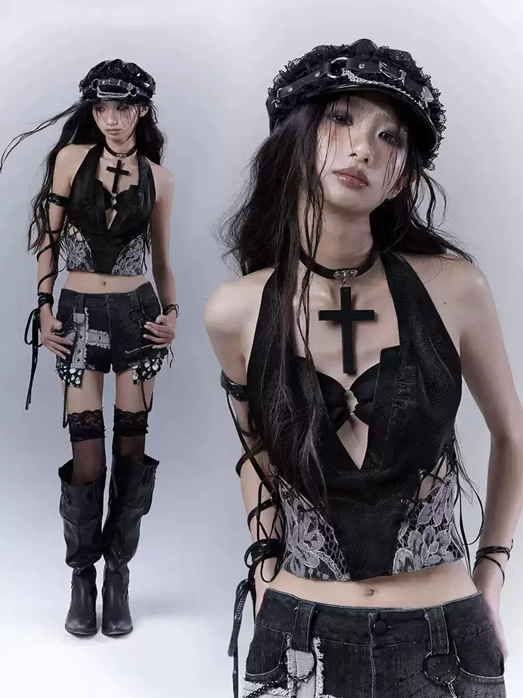 Grunge Lace Stitching Leather Tank Top - Image 4