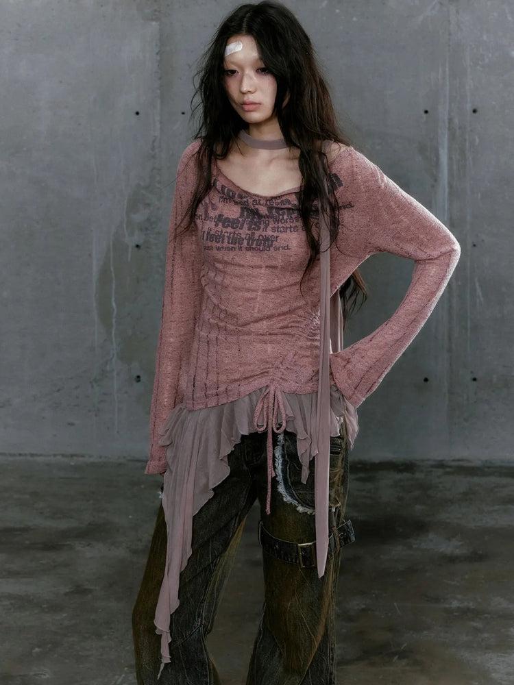 Grunge Neck Tie Ruffled Top - Image 3