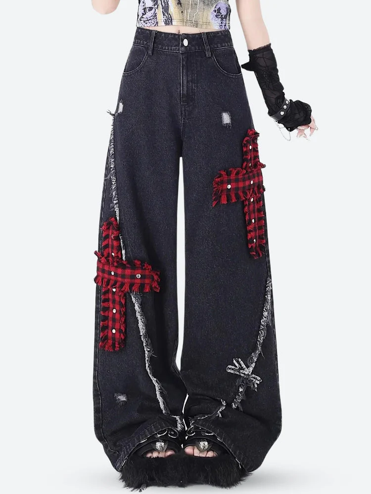Grunge Plaid Cross Patch Jeans - Image 2