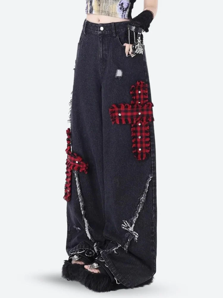 Grunge Plaid Cross Patch Jeans - Image 3