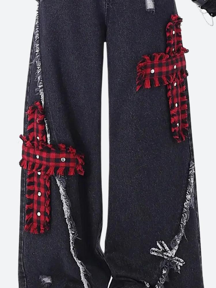 Grunge Plaid Cross Patch Jeans - Image 4