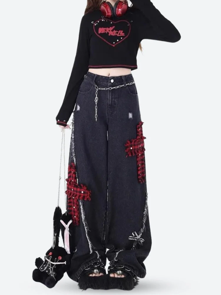 Grunge Plaid Cross Patch Jeans - Image 5