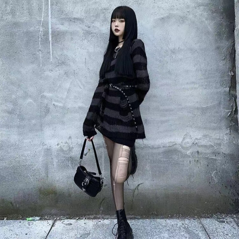 Grunge Punk Gothic Long Striped Sweater Dark Gray - Image 3