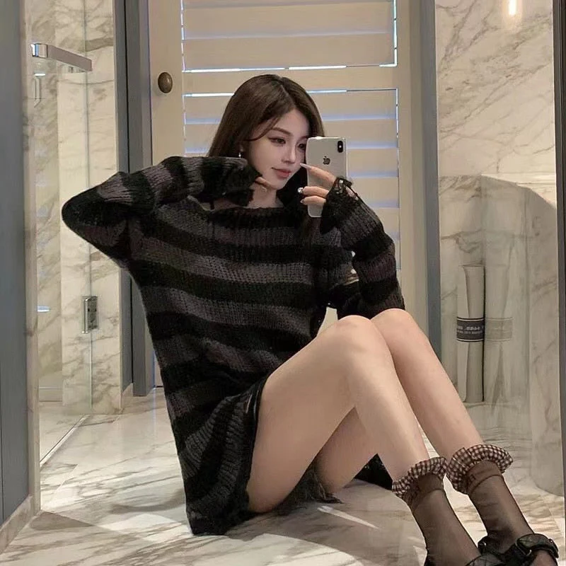 Grunge Punk Gothic Long Striped Sweater Dark Gray - Image 4
