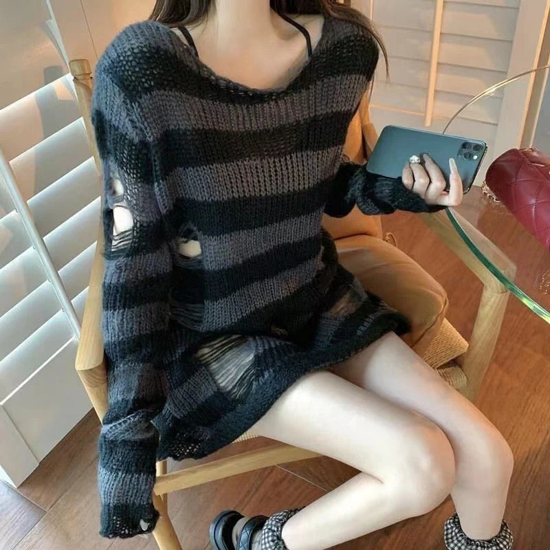 Grunge Punk Gothic Long Striped Sweater Dark Gray - Image 5