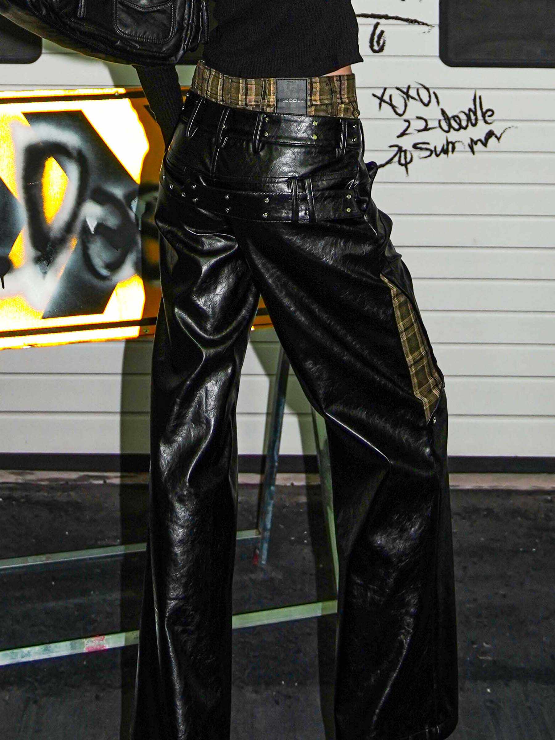 Grunge Punk Linen Green Plaid Leather Pants - Image 3
