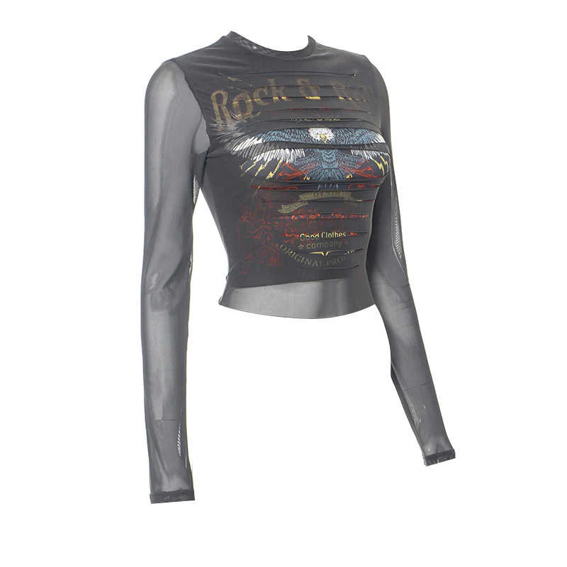 Grunge Punk Mesh Long-sleeved Top - Image 2
