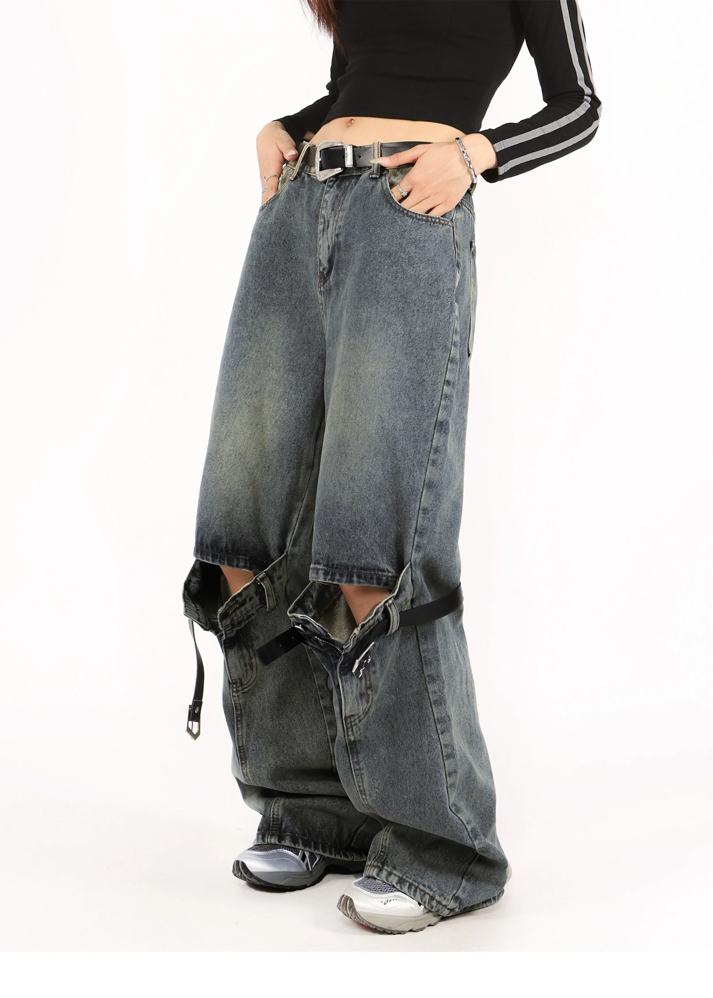 Grunge Ripped Distressed Belt Buckle Jeans - Image 5