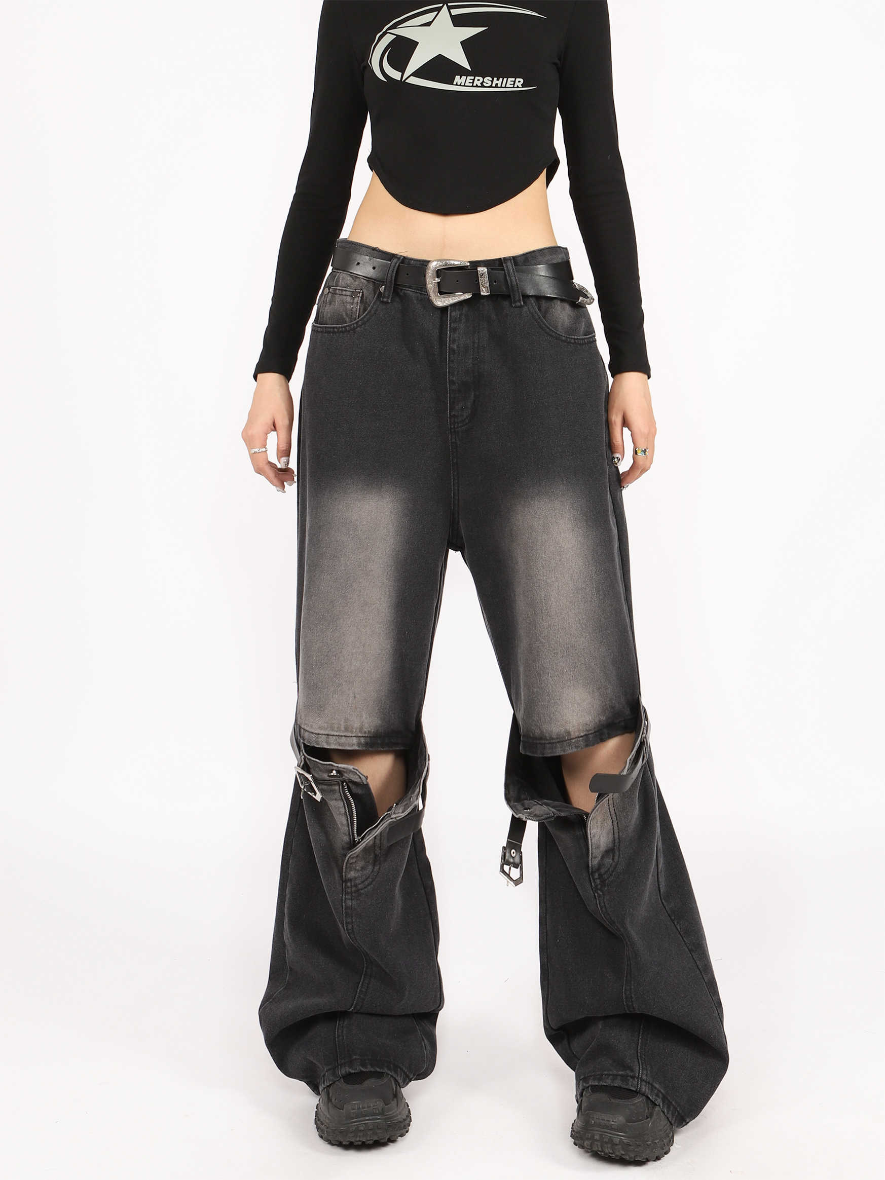Grunge Ripped Distressed Belt Buckle Jeans - Image 6