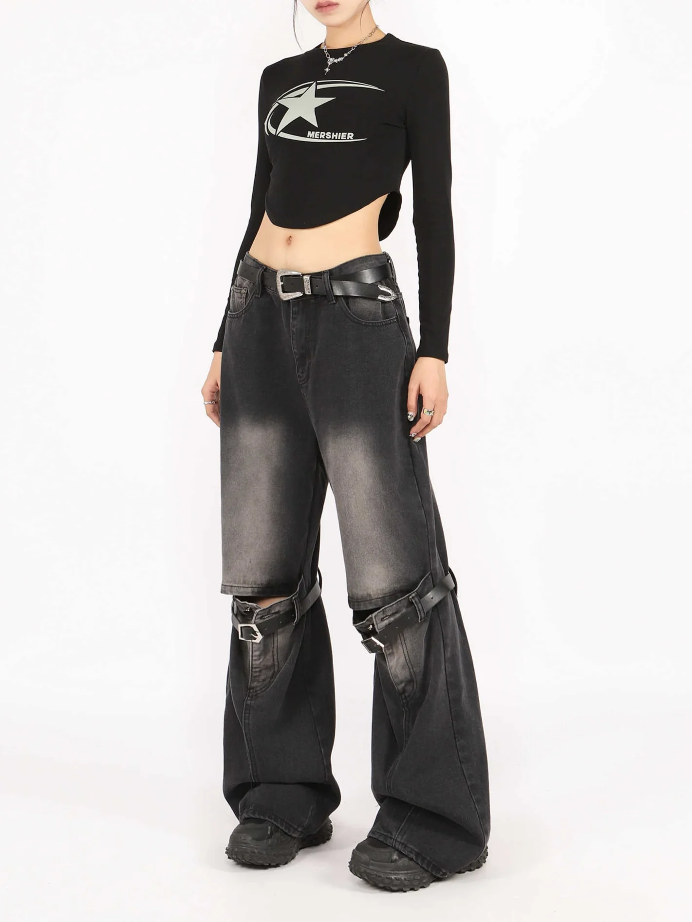 Grunge Ripped Distressed Belt Buckle Jeans - Image 7