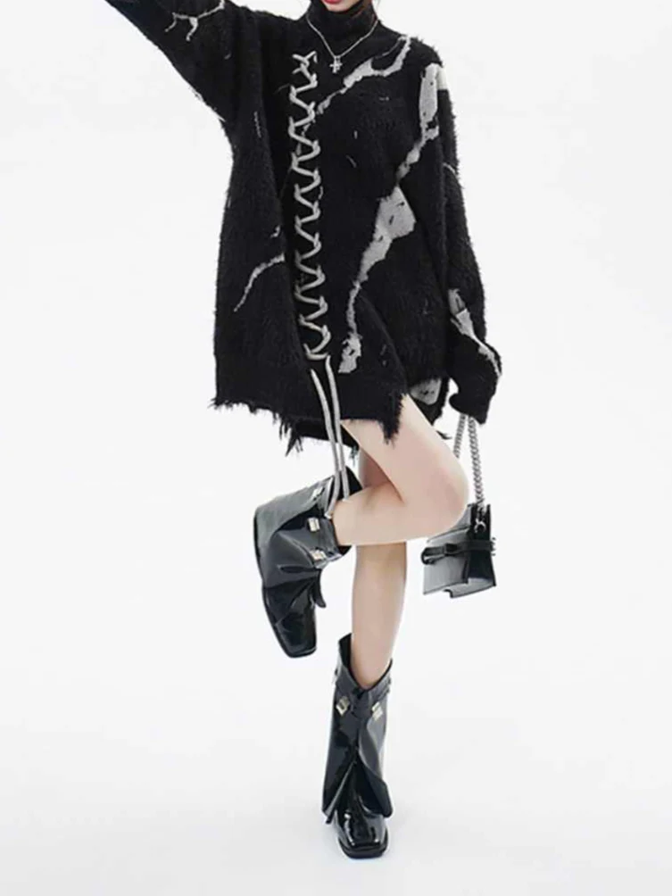 Grunge Ripped Turtleneck Loose Sweater - Image 7