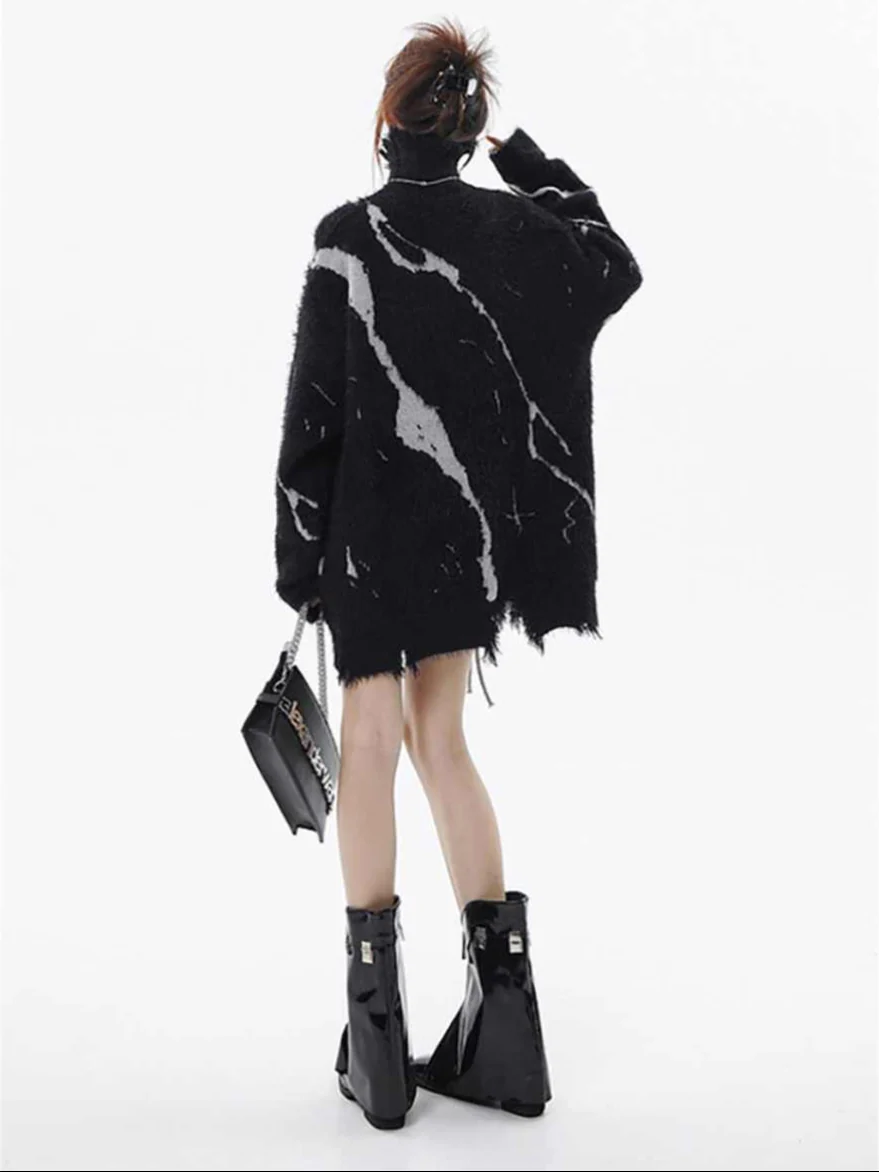 Grunge Ripped Turtleneck Loose Sweater - Image 8