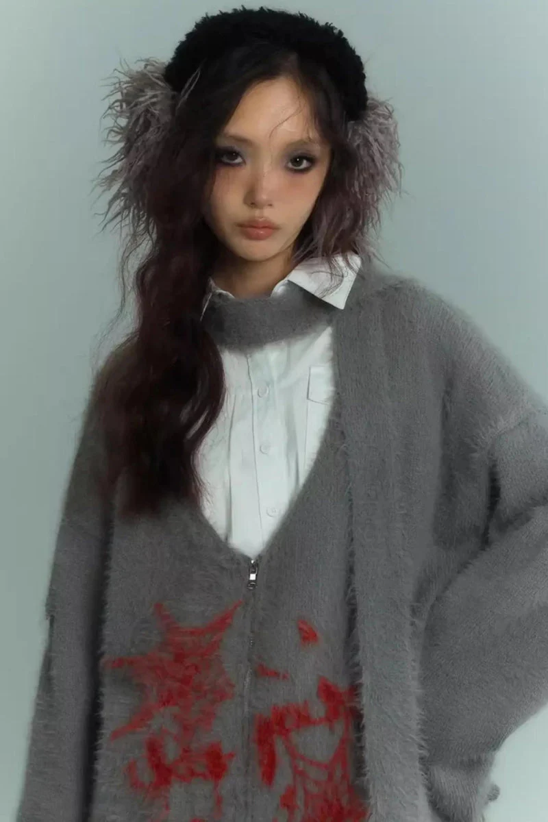 Grunge Scarf Tie Fluffy Gray Cardigan - Image 3