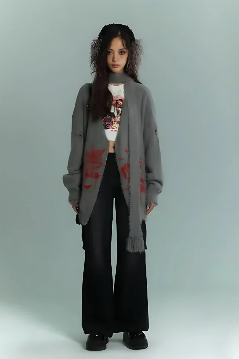 Grunge Scarf Tie Fluffy Gray Cardigan - Image 5