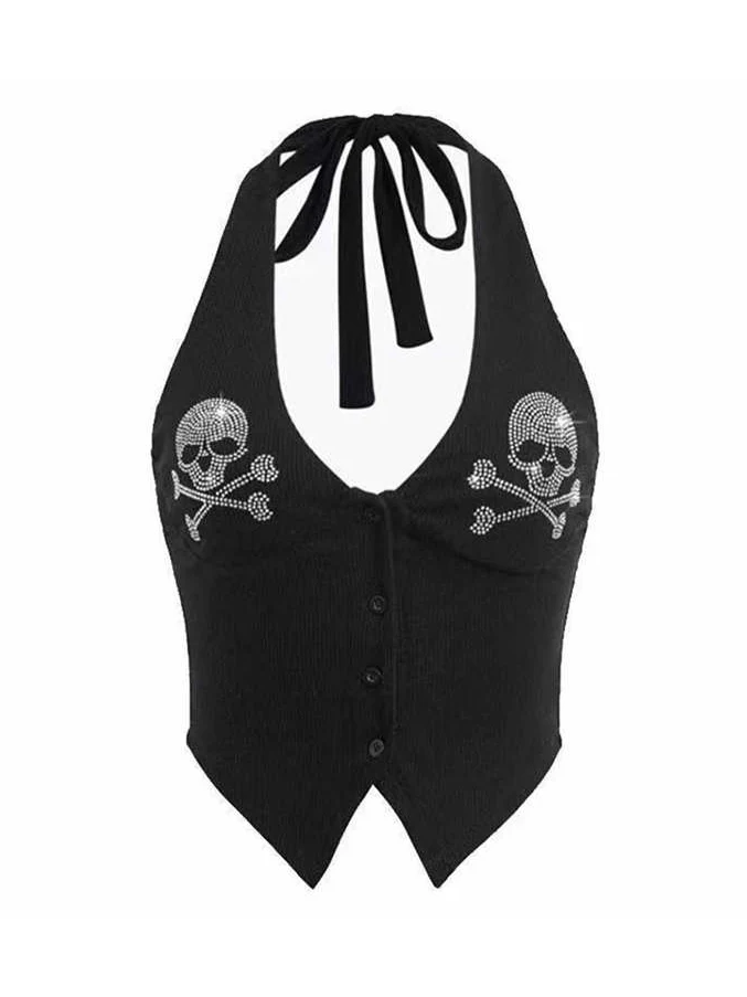 Grunge Skull Diamond Halter Neck Top