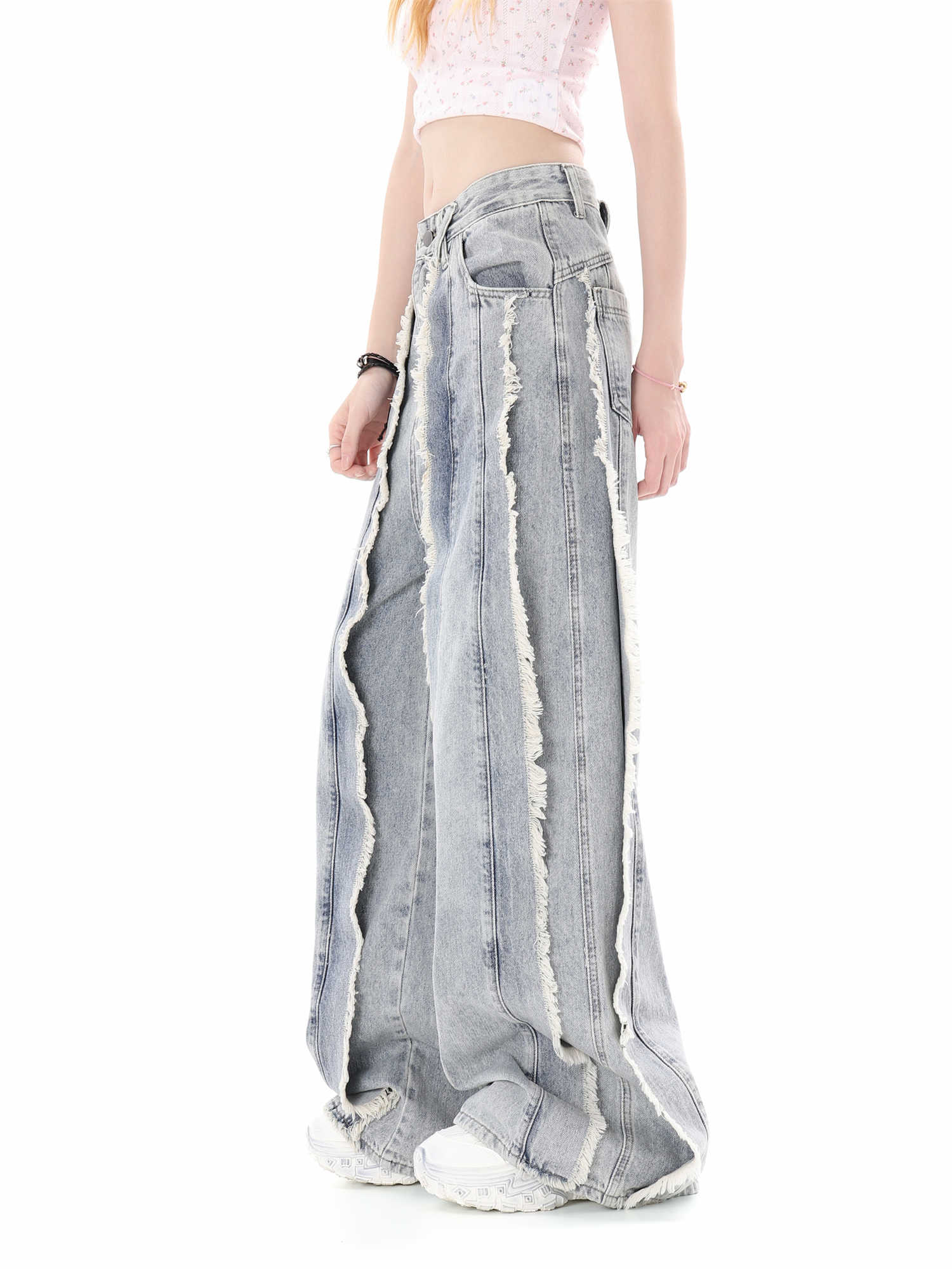 Grunge Splicing Raw Edge Baggy Jeans - Image 3