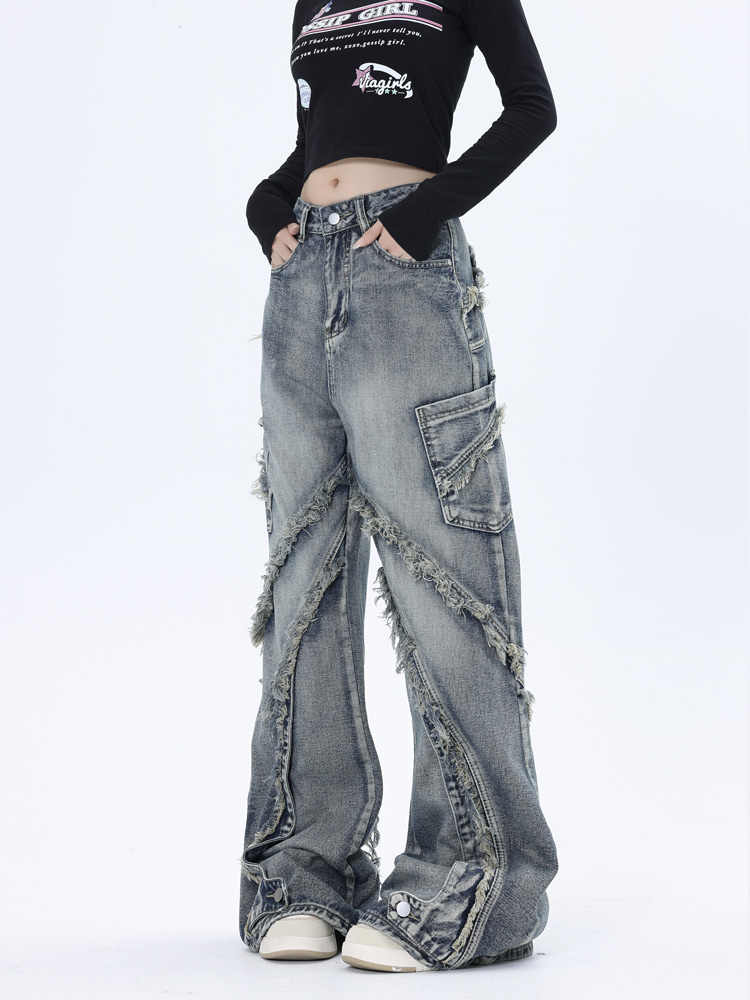 Grunge Splicing Raw Edge Baggy Jeans - Image 3
