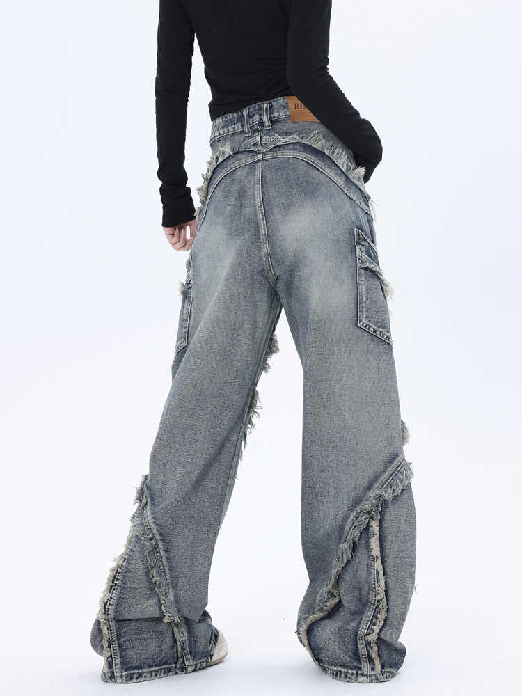 Grunge Splicing Raw Edge Baggy Jeans - Image 4