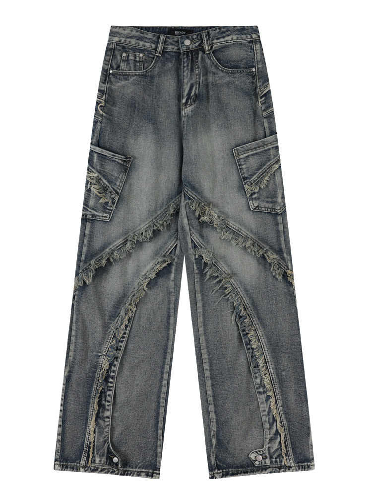Grunge Splicing Raw Edge Baggy Jeans - Image 5
