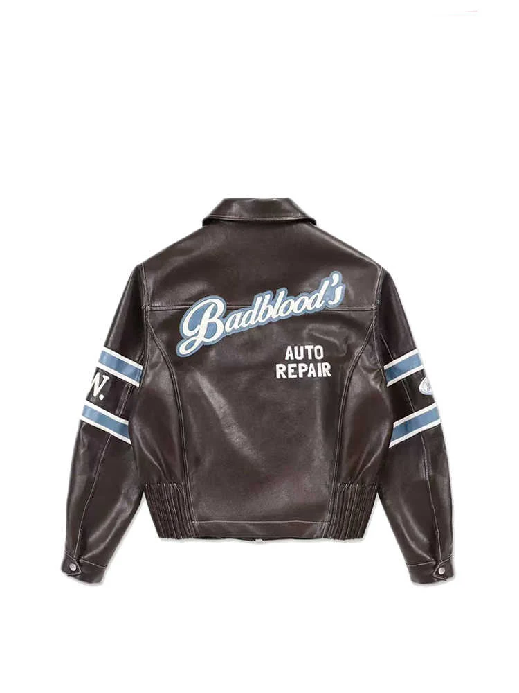 Grunge Sporty Bikecore Brown Leather Jacket - Image 2