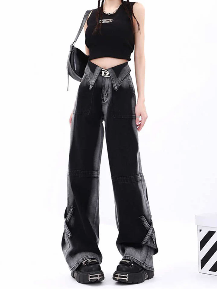 Grunge Street Distressed Cuff Baggy Jeans - Image 2