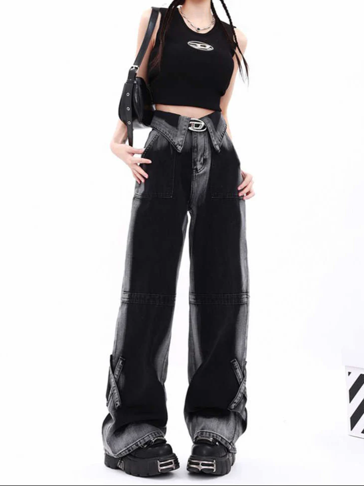 Grunge Street Distressed Cuff Baggy Jeans - Image 3
