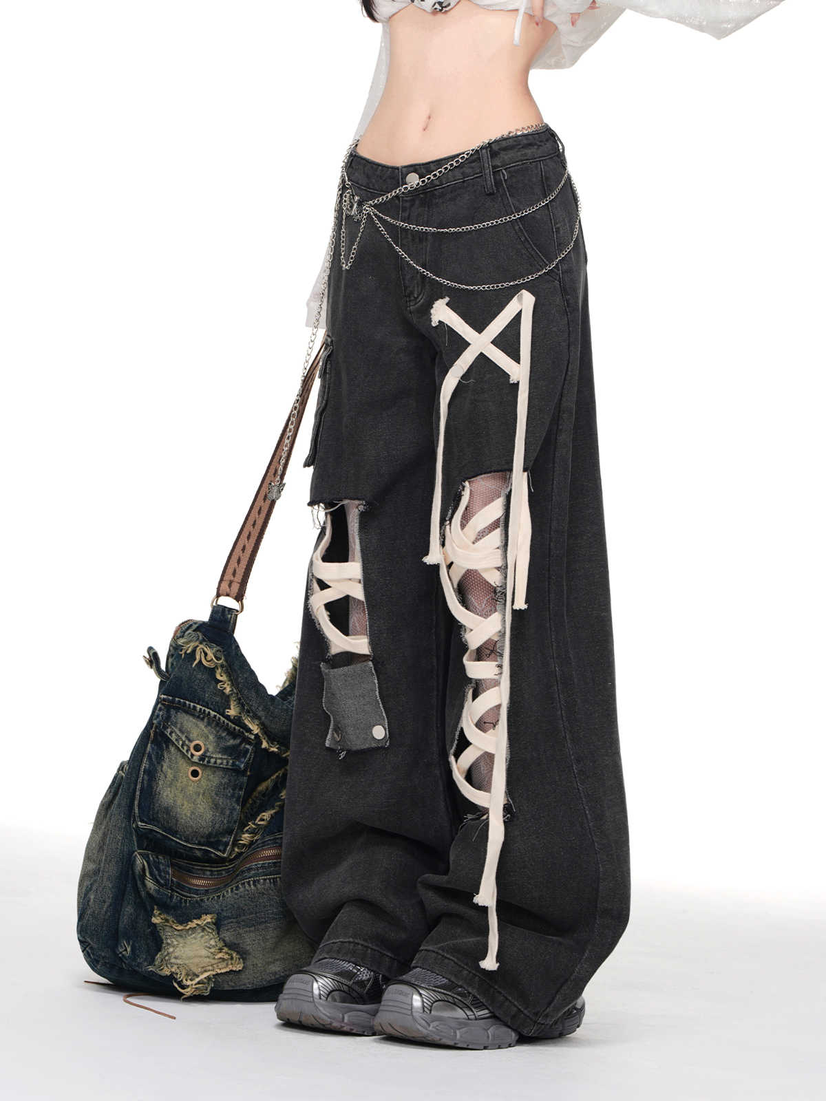 Grunge Street Straps Ripped Wide-leg Jeans - Image 2