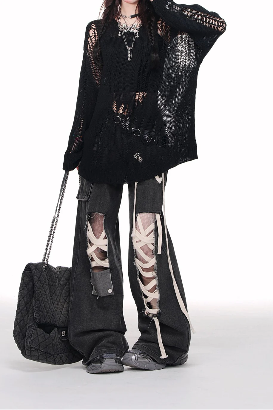 Grunge Street Straps Ripped Wide-leg Jeans - Image 3