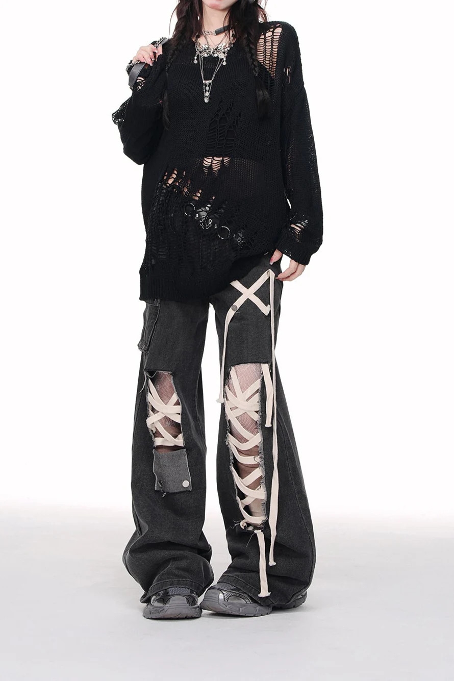 Grunge Street Straps Ripped Wide-leg Jeans - Image 4