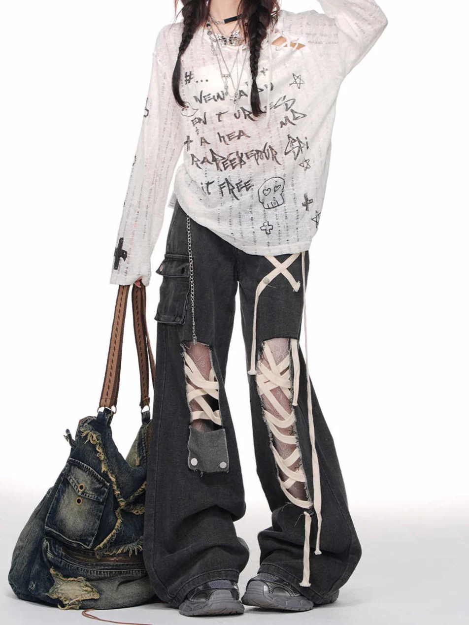 Grunge Street Straps Ripped Wide-leg Jeans - Image 5
