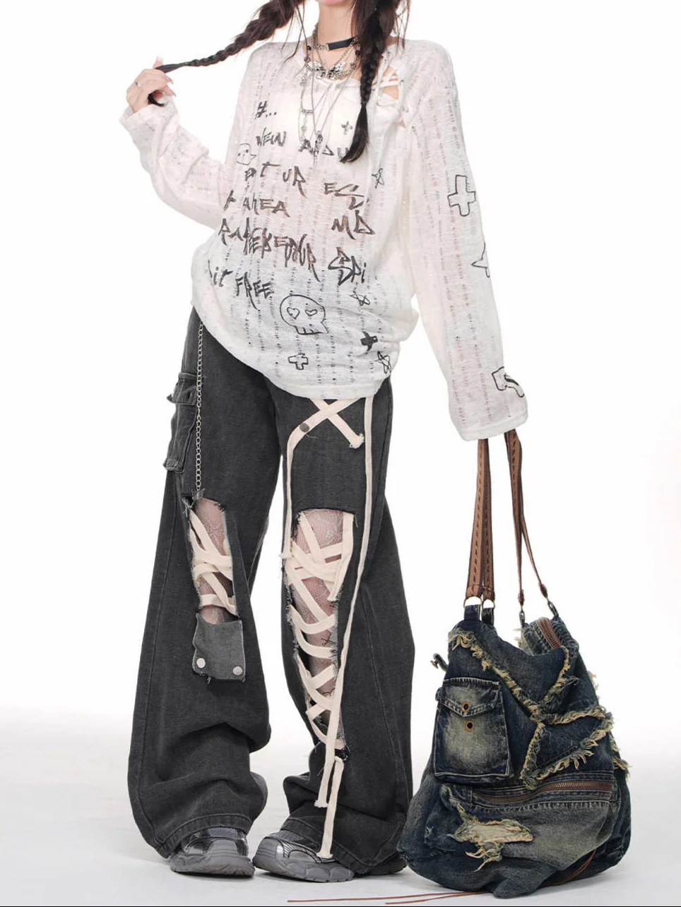 Grunge Street Straps Ripped Wide-leg Jeans - Image 6