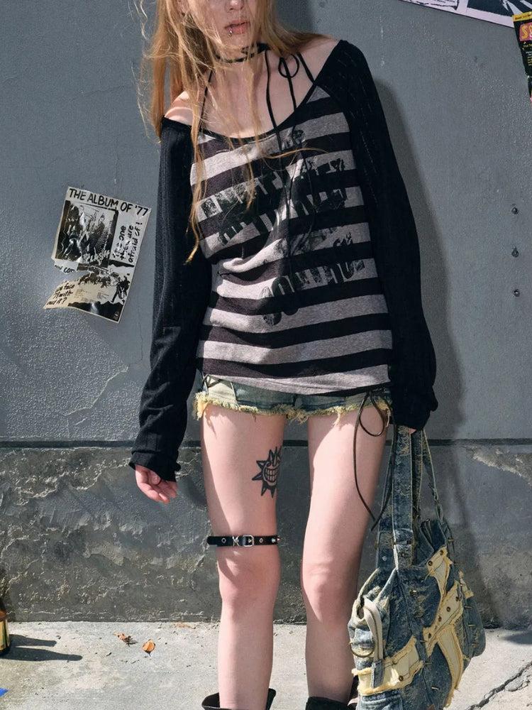 Grunge Striped Off Shoulder Top - Image 2