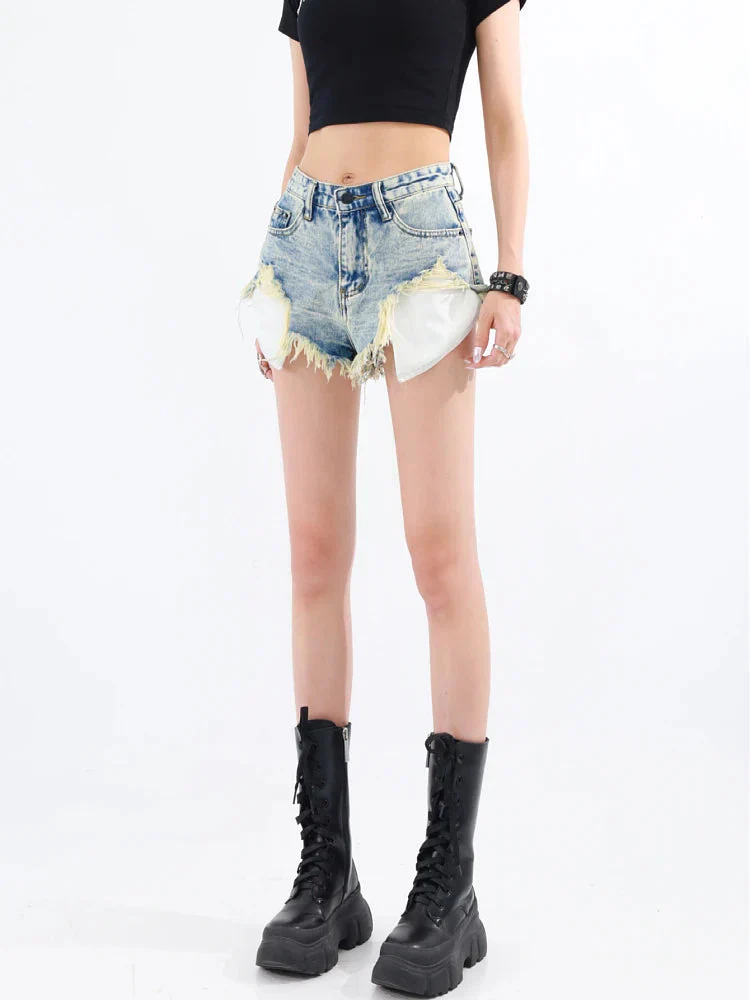 Grunge Tasseled Denim Shorts - Image 3