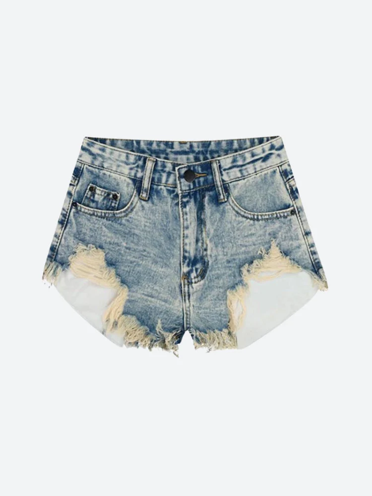Grunge Tasseled Denim Shorts - Image 4