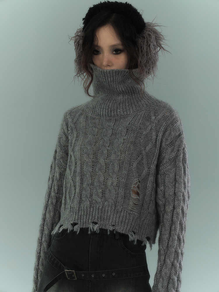Grunge Twist Turtleneck Ripped Sweater - Image 2