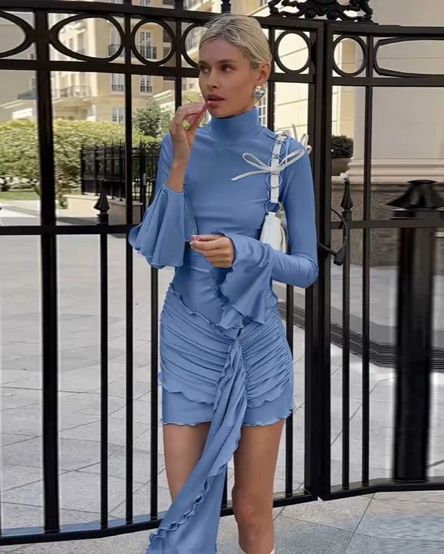 Half-high Collar Trumpet Long-sleeved Ribbon Dress - Image 2