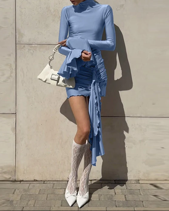 Half-high Collar Trumpet Long-sleeved Ribbon Dress - Image 3