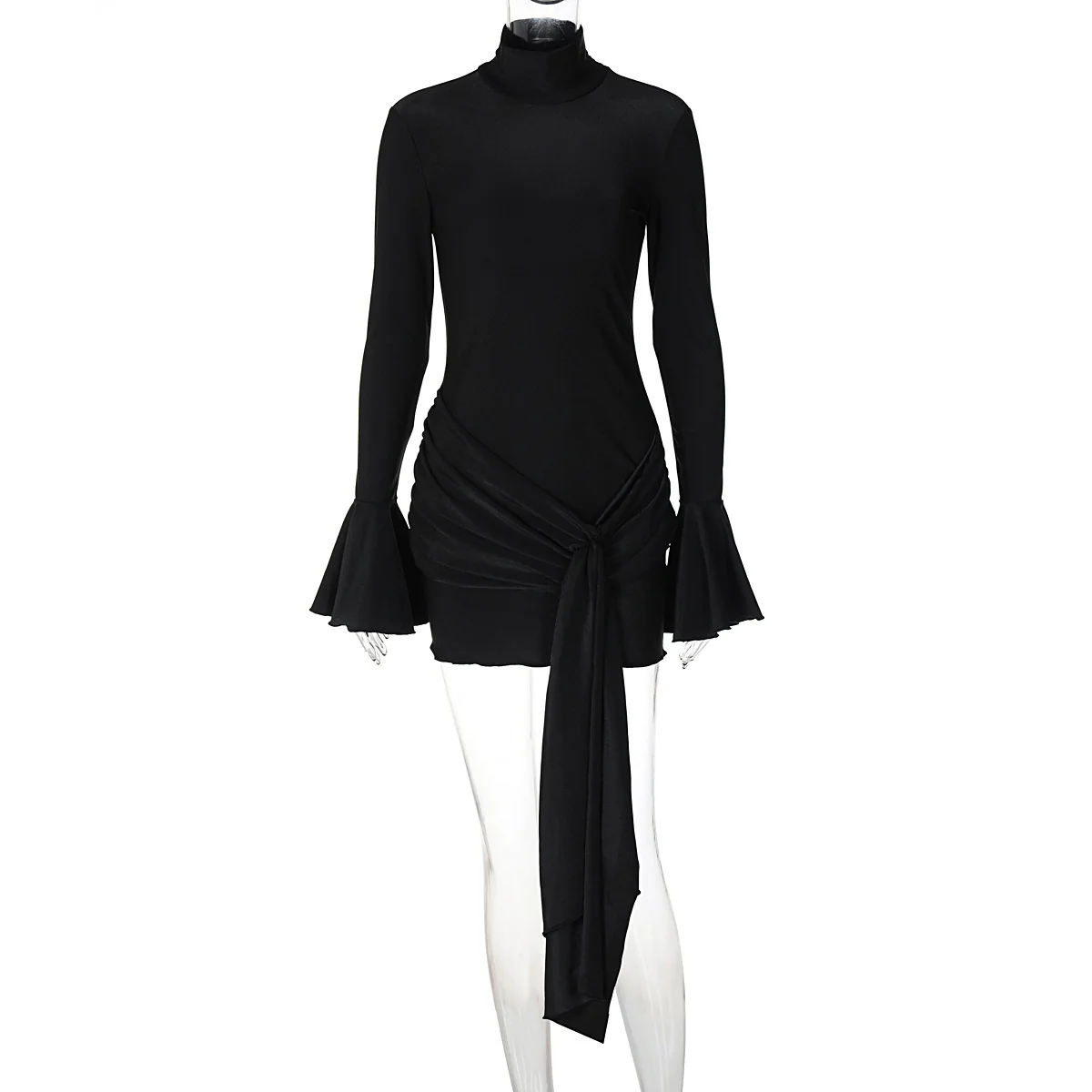 Half-high Collar Trumpet Long-sleeved Ribbon Dress - Image 5