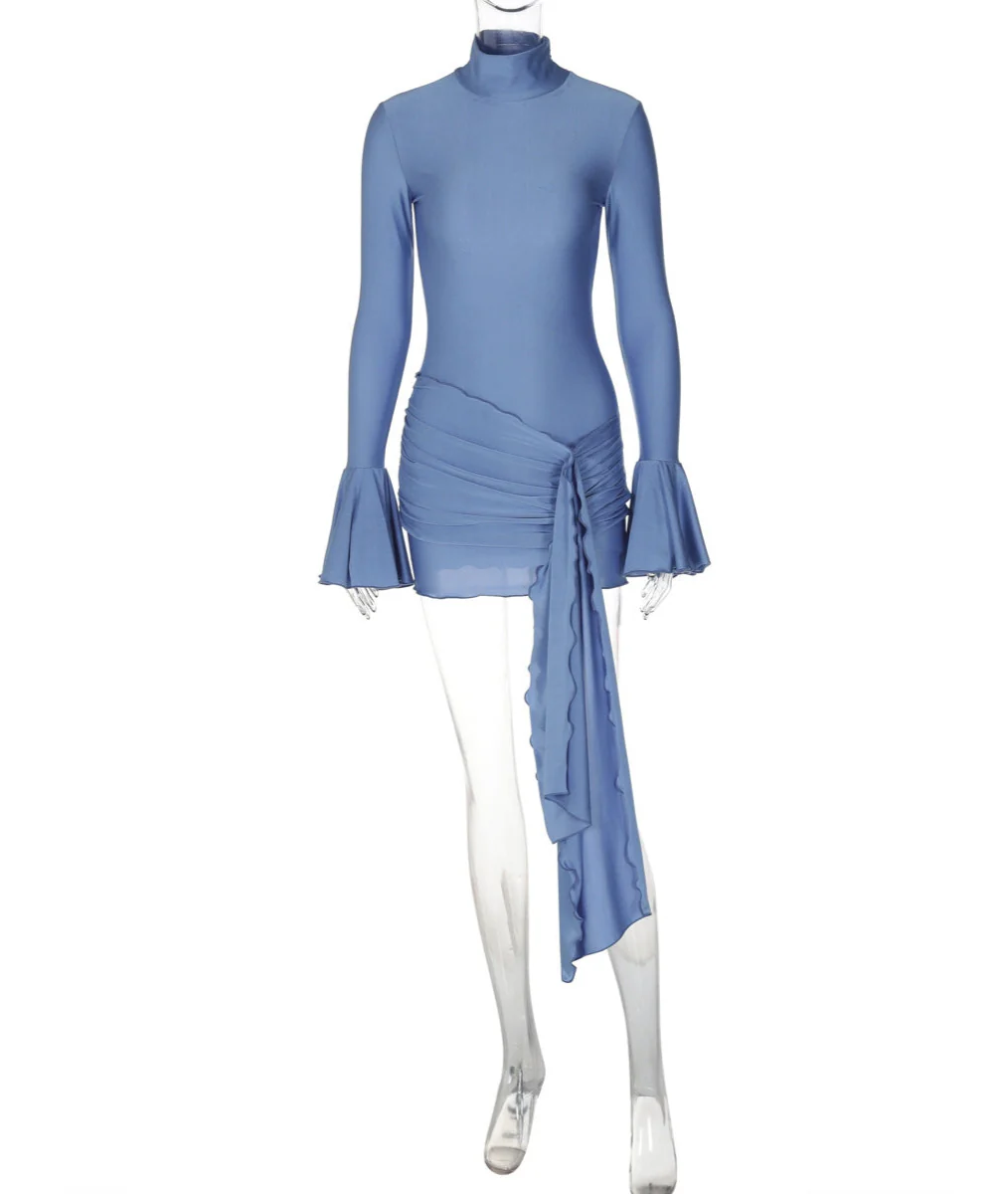 Half-high Collar Trumpet Long-sleeved Ribbon Dress - Image 6