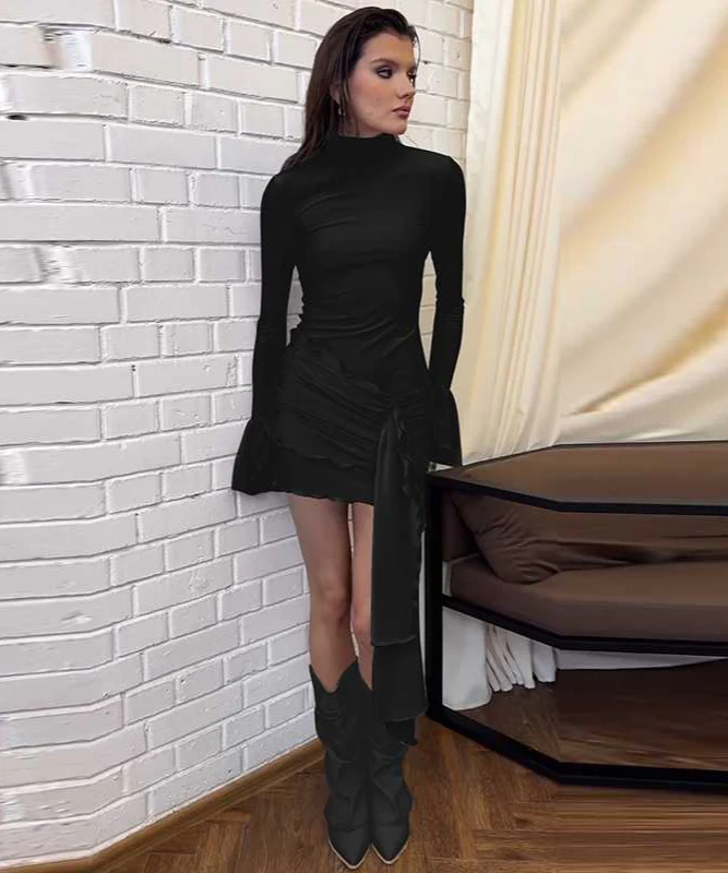 Half-high Collar Trumpet Long-sleeved Ribbon Dress - Image 7
