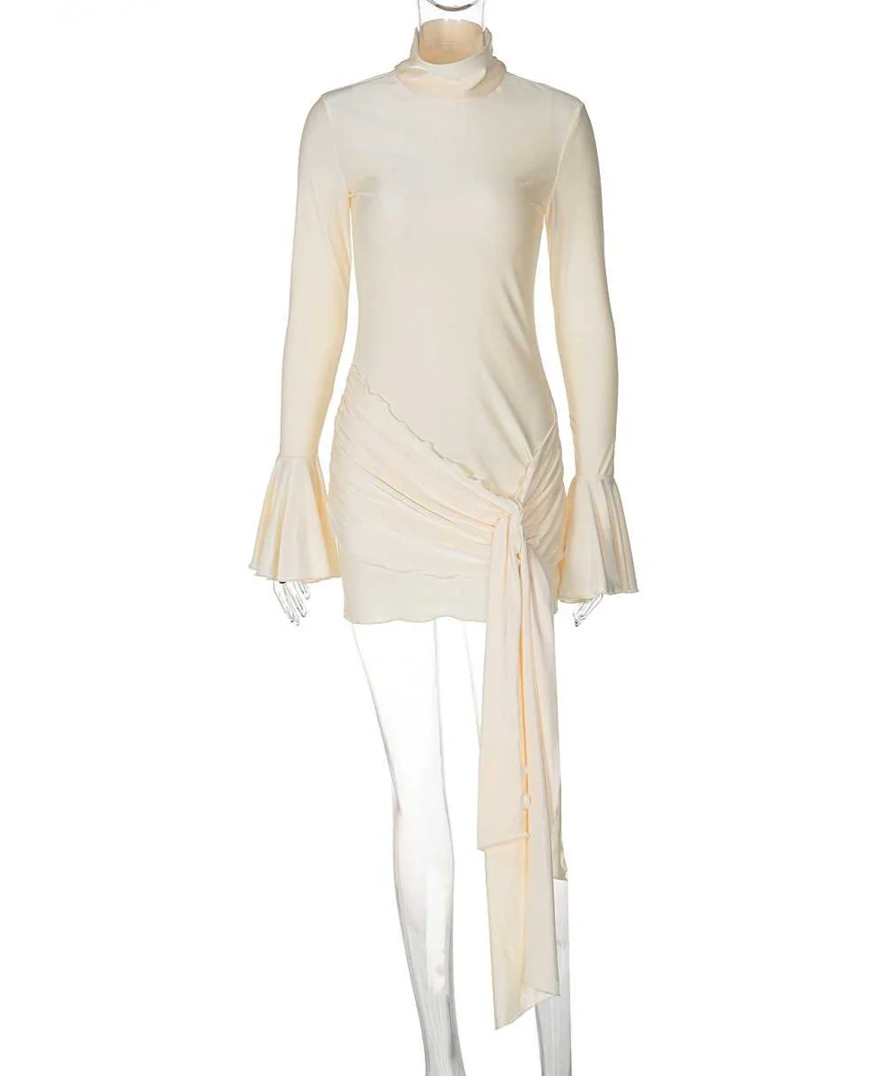 Half-high Collar Trumpet Long-sleeved Ribbon Dress - Image 9