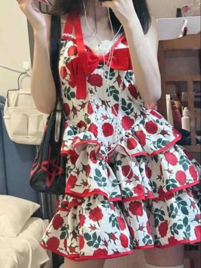 Halter Neck Red Rose Bow Tie Dress - Image 3